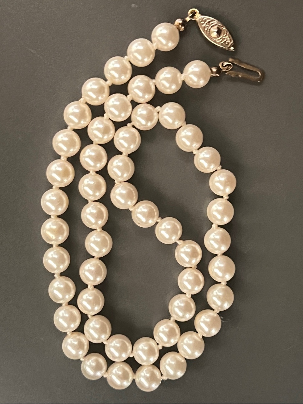 Vintage Hand Knotted Glass Pearl Necklace Filigree Clasp 19.5”